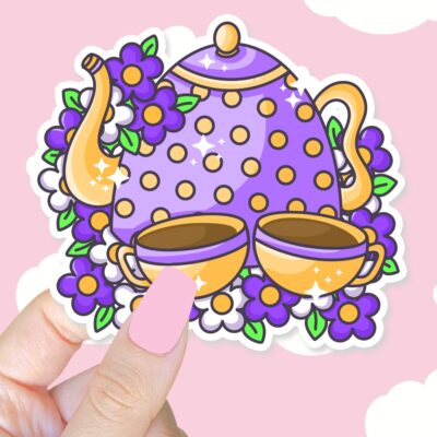 Cute Tea Pot Lavender and Gold Sticker