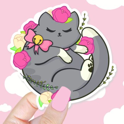 Floral Gray Kitty Sticker