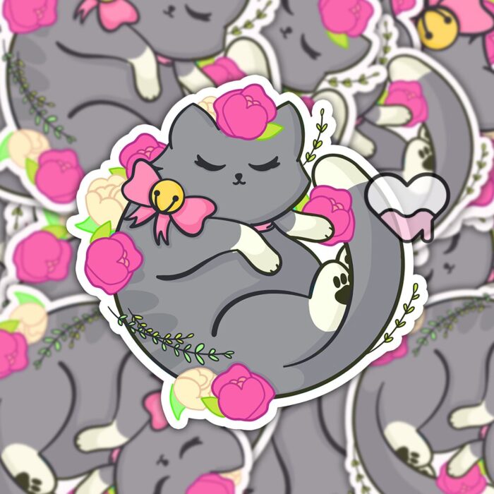 Floral Gray Kitty Sticker