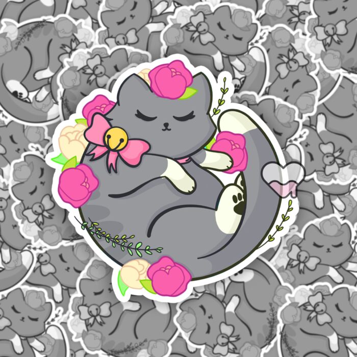 Floral Gray Kitty Sticker