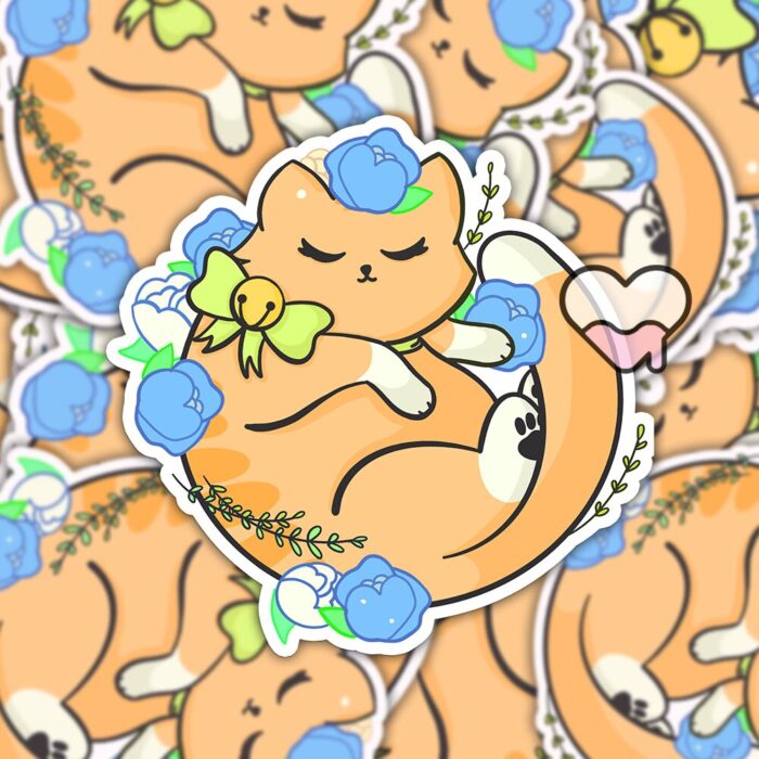 Floral Orange Kitty Sticker