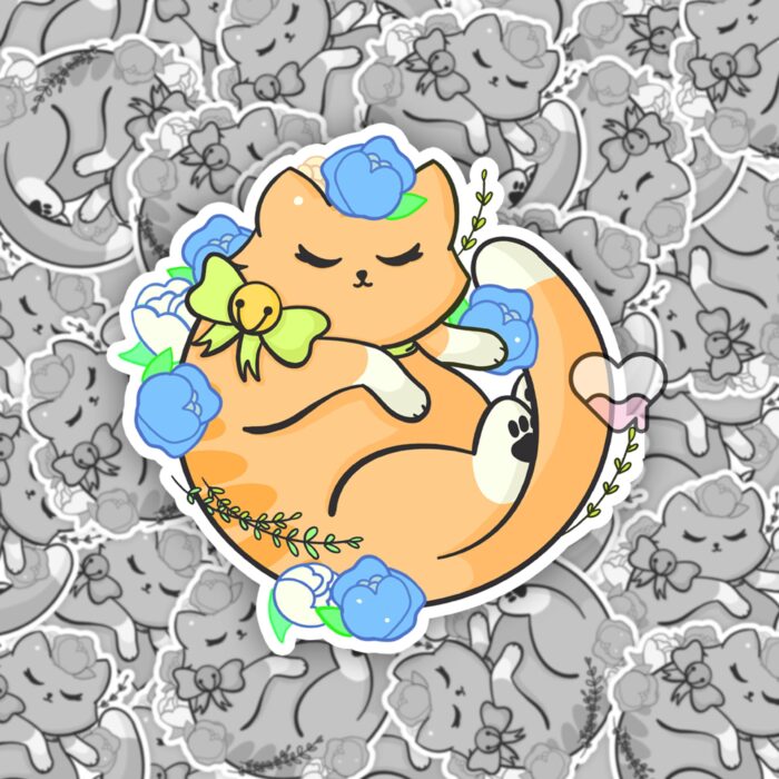 Floral Orange Kitty Sticker