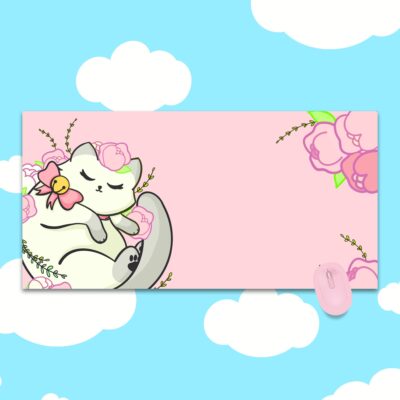 Floral White Kitty Deskmat