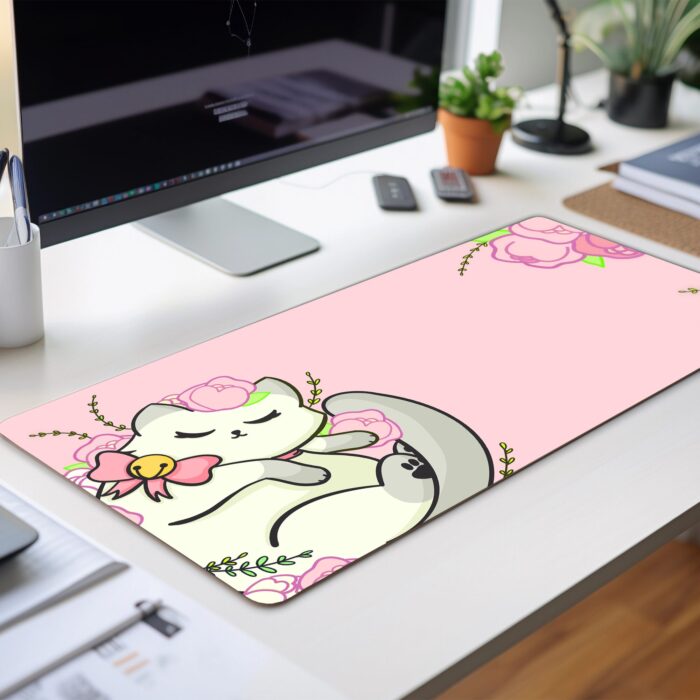 Floral White Kitty Deskmat