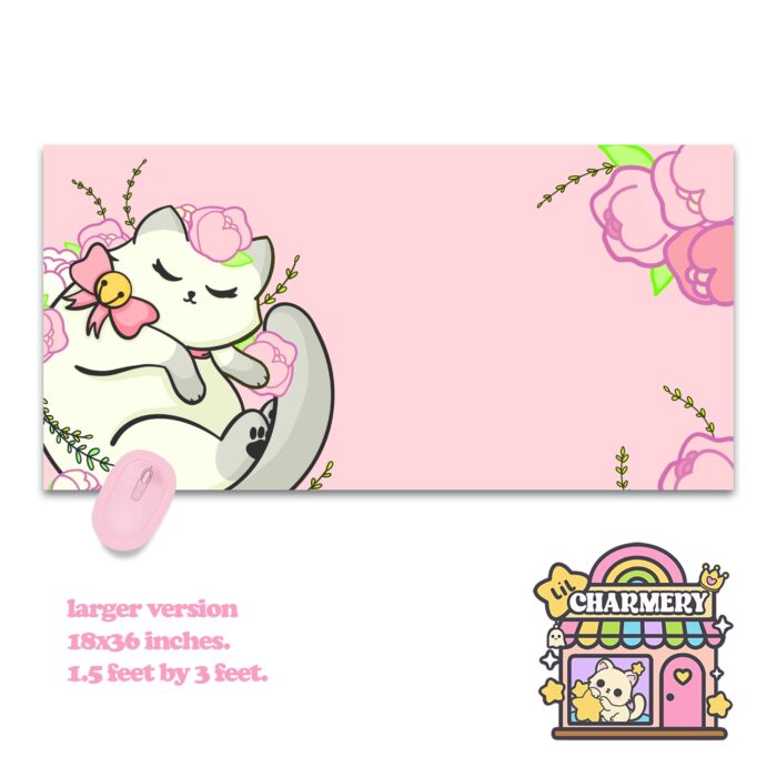 Floral White Kitty Deskmat