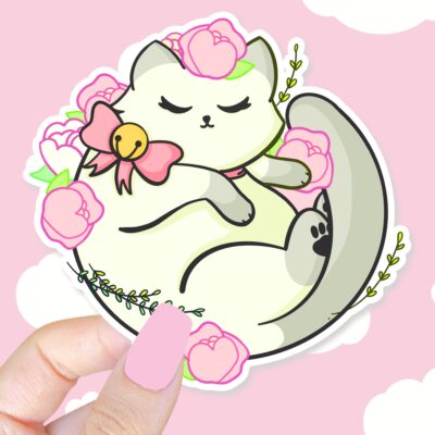 Floral White Kitty Sticker