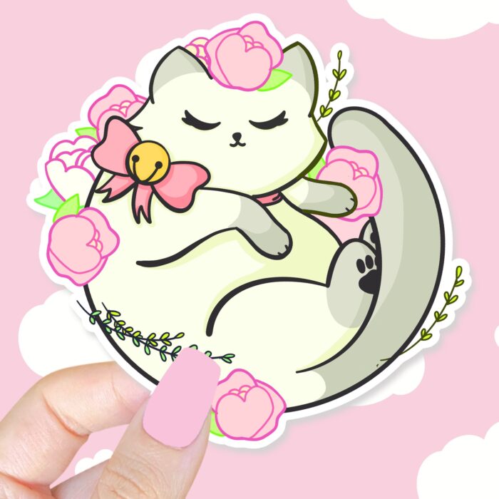Floral White Kitty Sticker
