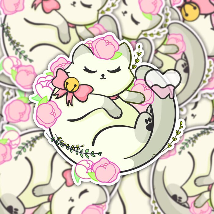 Floral White Kitty Sticker