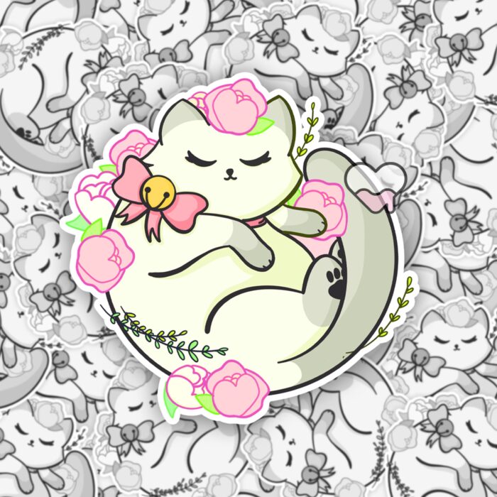 Floral White Kitty Sticker