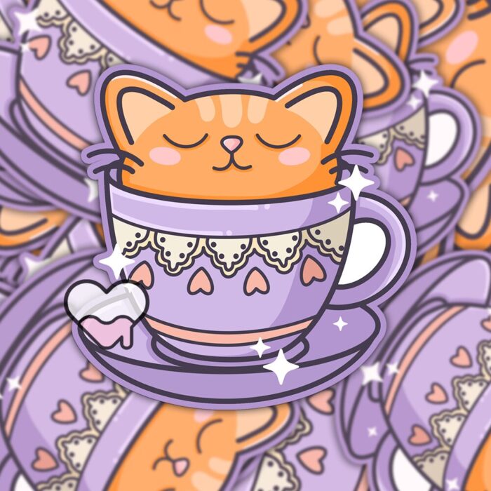Kitty Tea Cup Sticker