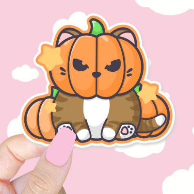 Pumpkin Head Cat Brown Sticker