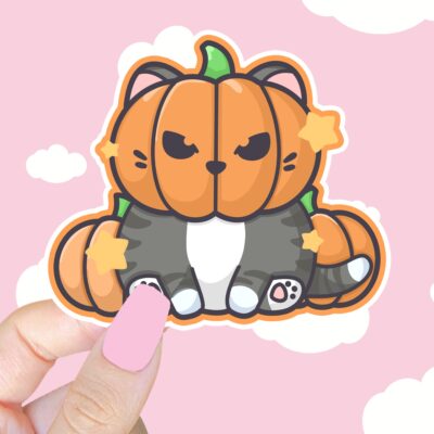Pumpkin Head Cat Gray Sticker
