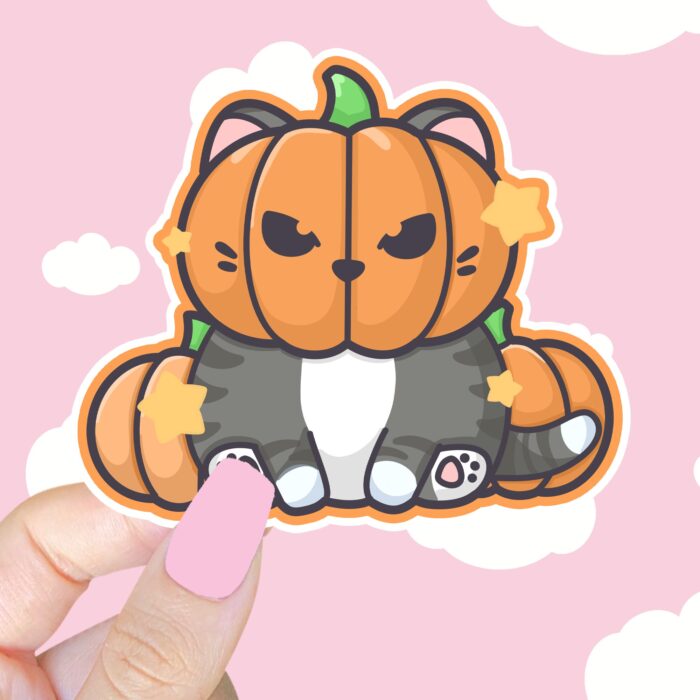Pumpkin Head Cat Gray Sticker