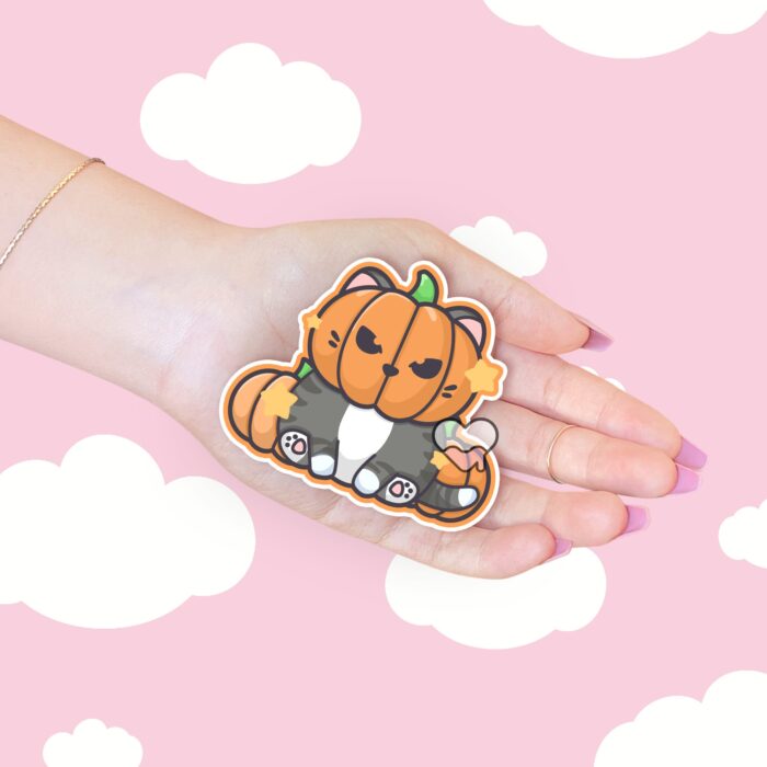 Pumpkin Head Cat Gray Sticker