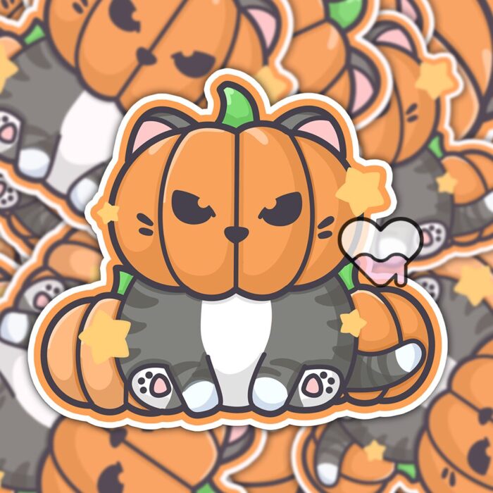 Pumpkin Head Cat Gray Sticker