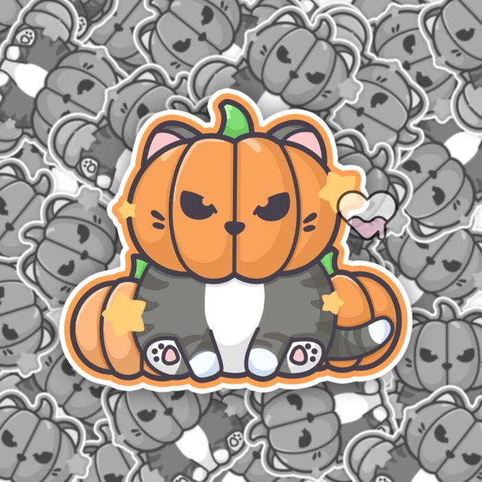 Pumpkin Head Cat Gray Sticker