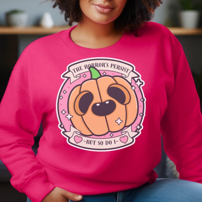 The Horrors Persist But So Do I Pumpkin Sweatshirt Model